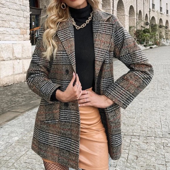 Chic Classy plaid double breast Overcoat Jacket Shacket Coat brown - Picture 1 of 6